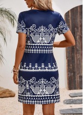 Navy dresses,Tribal dresses,Geometric dresses,Everyday dresses,Casual dresses,Tribal Print Navy A Line V Neck Dress