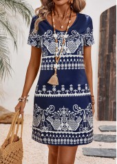 robe trapèze bleu marine à imprimé tribal et col en V