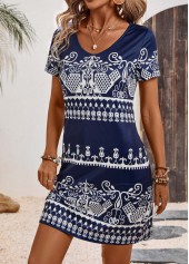 Navy dresses,Tribal dresses,Geometric dresses,Everyday dresses,Casual dresses,Tribal Print Navy A Line V Neck Dress