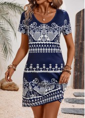 Navy dresses,Tribal dresses,Geometric dresses,Everyday dresses,Casual dresses,Tribal Print Navy A Line V Neck Dress