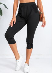 Black bottoms,Plain Color bottoms,Black High Waisted Elastic Waist Capri Leggings