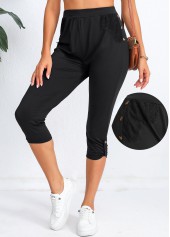 Black bottoms,Plain Color bottoms,Black High Waisted Elastic Waist Capri Leggings