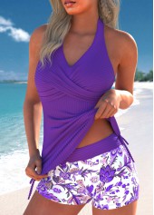 Purple swimwear,Plants swimwear,Floral swimwear,ROTITA Surplice Purple Random Floral Print Tankini Set