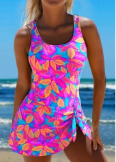 Hot Pink swimwear,Plants swimwear,ROTITA Asymmetry Hot Pink Leaf Print One Piece Swimdress