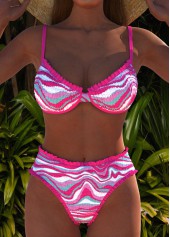 ROTITA Smocked Hot Pink Wave Pattern Print Bikini Set
