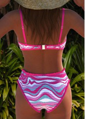 Hot Pink swimwear,Striped swimwear,Geometric swimwear,ROTITA Smocked Hot Pink Wave Pattern Print Bikini Set