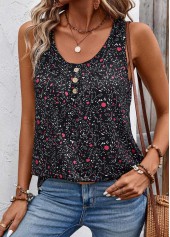 Black tops,Ditsy Floral tops,Button Ditsy Floral Print Black Scoop Neck Tank Top