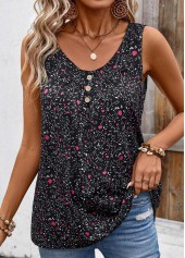 Black tops,Ditsy Floral tops,Button Ditsy Floral Print Black Scoop Neck Tank Top