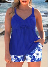 ROTITA Plus Size Ruched Floral Print Royal Blue Tankini Set