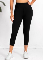Black bottoms,Plain Color bottoms,Black High Waisted Elastic Waist Capri Leggings