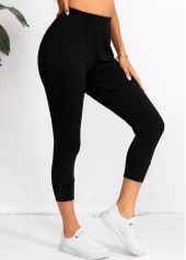 Black bottoms,Plain Color bottoms,Black High Waisted Elastic Waist Capri Leggings