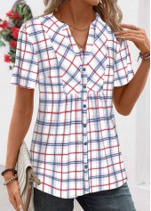 Blue tops,Plaid tops,Striped tops,Geometric tops,ROTITA Patchwork Plaid Blue Split Neck Short Sleeve Shirt