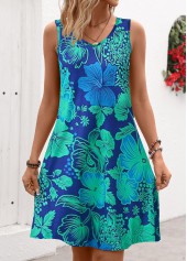 Blue dresses,Cyan dresses,Floral dresses,Plants dresses,Everyday dresses,Casual dresses,ROTITA Breathable Floral Print Blue A Line V Neck Dress
