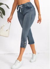 Denim Blue bottoms,Plain Color bottoms,Pocket Denim Blue Regular Elastic Waist High Waisted Jeans
