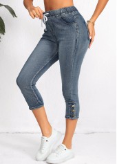 Denim Blue bottoms,Plain Color bottoms,Pocket Denim Blue Regular Elastic Waist High Waisted Jeans