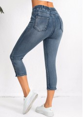 Denim Blue bottoms,Plain Color bottoms,Pocket Denim Blue Regular Elastic Waist High Waisted Jeans