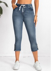 Denim Blue bottoms,Plain Color bottoms,Pocket Denim Blue Regular Elastic Waist High Waisted Jeans
