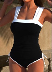 Black swimwear,Contrast Color swimwear,ROTITA Contrast Binding Black Patchwork Tankini Set