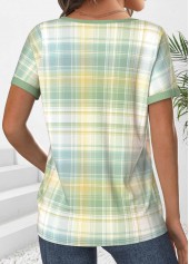 Light Green tops,Plaid tops,ROTITA Ruched Plaid Light Green Split Neck T Shirt