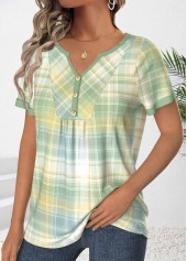 Light Green tops,Plaid tops,ROTITA Ruched Plaid Light Green Split Neck T Shirt
