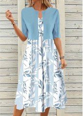 Light Blue dresses,Dusty Blue dresses,Plants dresses,Everyday dresses,Casual dresses,ROTITA Two Piece Leaf Print Light Blue Dress and Cardigan