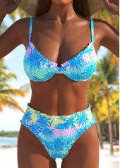 Rotita – Gesmoktes himmelblaues Bikini-Set mit tropischem Pflanzen-Print