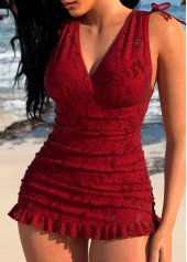 Wine Red swimwear,Plain Color swimwear,ROTITA Wine Red Lace One Piece Swimdress
