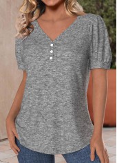 Light Grey Marl tops,Plain Color tops,ROTITA Button Light Grey Marl V Neck T Shirt