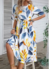 Blue dresses,Denim Blue dresses,Plants dresses,Everyday dresses,Casual dresses,Plants Print Blue Round Neck Half Sleeve Dress