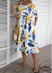 Blue dresses,Denim Blue dresses,Plants dresses,Everyday dresses,Casual dresses,Plants Print Blue Round Neck Half Sleeve Dress