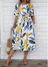 Blue dresses,Denim Blue dresses,Plants dresses,Everyday dresses,Casual dresses,Plants Print Blue Round Neck Half Sleeve Dress