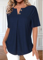 Navy tops,Plain Color tops,ROTITA Button Navy Split Neck Short Sleeve Blouse