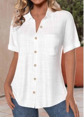 White tops,Plain Color tops,ROTITA Pocket Button Up White Short Sleeve Shirt