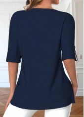 Navy tops,Plain Color tops,ROTITA Zipper Navy V Neck 3/4 Sleeve Blouse