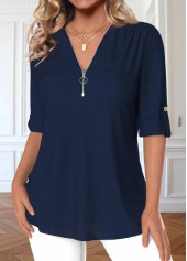 Navy tops,Plain Color tops,ROTITA Zipper Navy V Neck 3/4 Sleeve Blouse