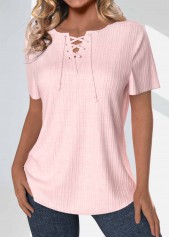 Light Pink tops,Plain Color tops,ROTITA Lace Up Light Pink Short Sleeve Blouse