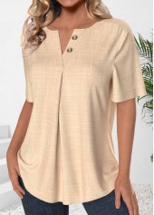 Light Camel tops,Plain Color tops,ROTITA Button Light Camel Split Neck Short Sleeve Blouse
