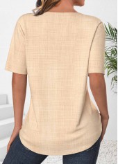 Light Camel tops,Plain Color tops,ROTITA Button Light Camel Split Neck Short Sleeve Blouse