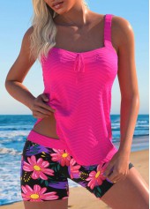 Hot Pink swimwear,Floral swimwear,Plants swimwear,ROTITA Jacquard Hot Pink Floral Print Tankini Set