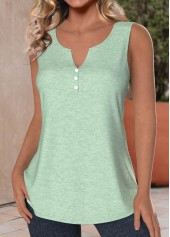 Mint Green tops,Plain Color tops,ROTITA Button Mint Green Split Neck Sleeveless Tank Top