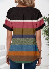 Multi Color tops,Contrast Color tops,ROTITA Patchwork Multi Color Split Neck Short Sleeve T Shirt