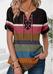 ROTITA Patchwork Multi Color Split Neck Short Sleeve T Shirt