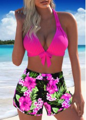 Rotita - Ensemble de bikini rose vif à imprimé floral et nœud papillon