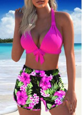 Hot Pink swimwear,Floral swimwear,Plants swimwear,ROTITA Bowknot Hot Pink Floral Print Bikini Set