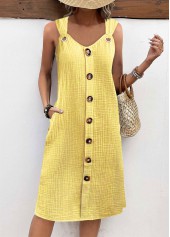 Light Yellow dresses,Plain Color dresses,Everyday dresses,Casual dresses,ROTITA Breathable Light Yellow A Line V Neck Sleeveless Dress