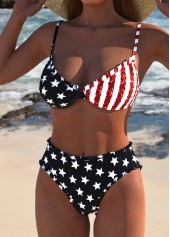 Black swimwear,Flag swimwear,ROTITA American Flag Frill Smocked Black Bikini Set