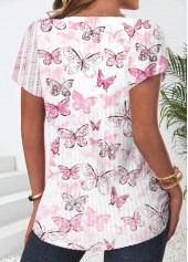White tops,Pink tops,Animal Print tops,ROTITA Button Butterfly Print White Square Neck T Shirt