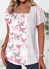 White tops,Pink tops,Animal Print tops,ROTITA Button Butterfly Print White Square Neck T Shirt