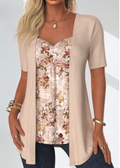 Skin Color tops,Floral tops,Plants tops,ROTITA Floral Print Skin Color Fake Two Piece Twinset