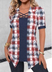 Navy tops,Plaid tops,Striped tops,Geometric tops,ROTITA Fake 2in1 Plaid Navy Shirt Collar Short Sleeve Blouse